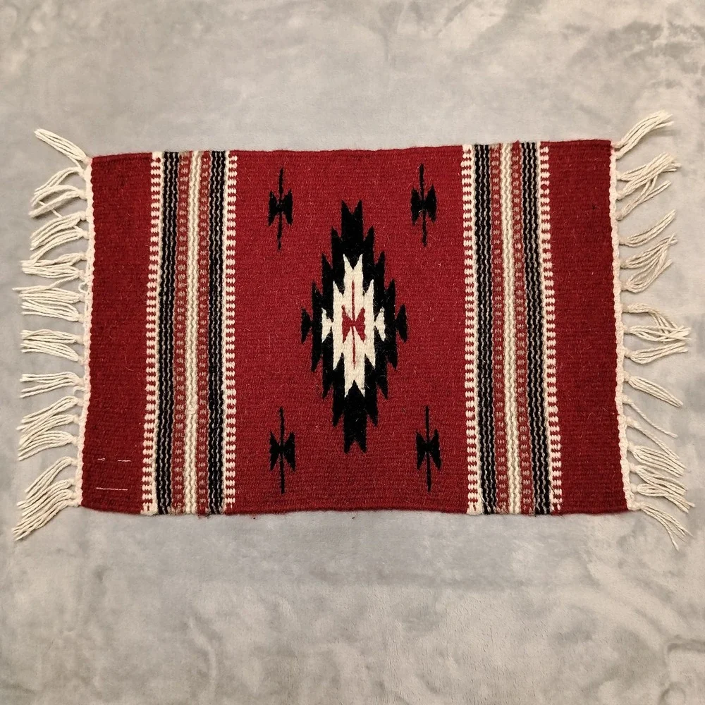 Vintage Handwoven Rug Small Red Southwest Wool Tapestry Table Runner Boho Tribal